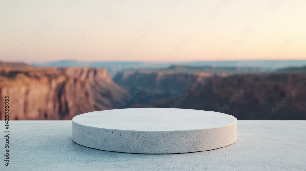 Poster empty concrete podium displaying products with canyon background at sunset