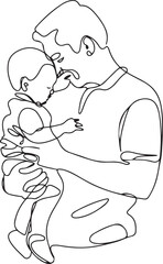 Heartwarming continuous line art of a father embracing his young child minimalist black vector illustration isolated on white symbolizing love care and family connection