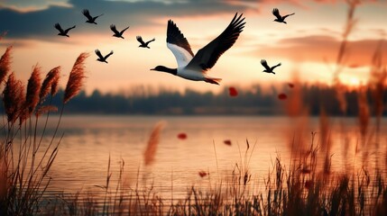 Obraz premium Birds in flight at sunset over tranquil lake nature photography peaceful atmosphere serene view