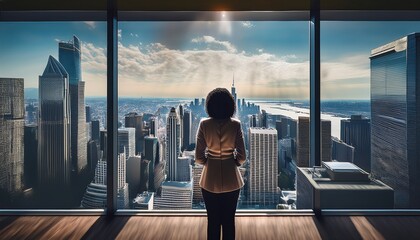 A professional gazes out a window at the city, pondering strategies for success.