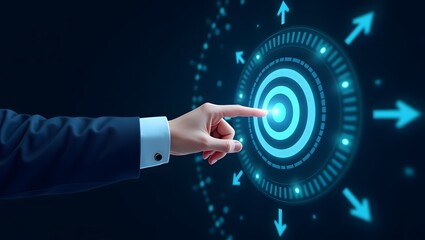Hand touching a glowing target with arrows pointing outward on a dark blue digital background