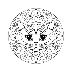 Ornate cat head design with stars and swirls black and white coloring page