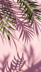Shadow tropical leaves of palm or fern on pastel pink background. Trendy style for design. abstract background texture of shadows palm leaves on concrete wall. copy space, Dynamic motion. White tone