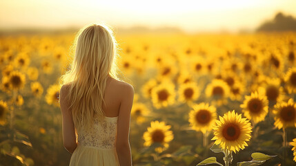Golden field of sunflowers with a person standing back.