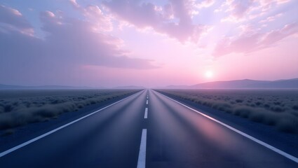 Fototapeta premium A long road stretching towards the horizon under a pastel sky with clouds and a distant mountain range