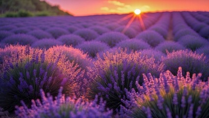 Obraz premium Fiery sunset over tranquil lavender field