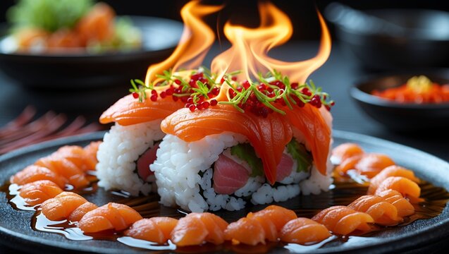 Fiery sushi delight with exquisite garnishes