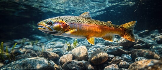 Naklejka premium Rainbow Trout Swimming in a Rocky Streambed