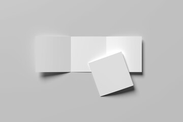 Vector white blank square three panel roll fold opened on white background. Trifold, leaflet, brochure, booklet, flyer or invitation card mockup.