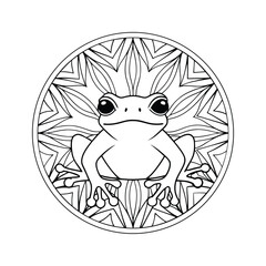 Detailed line art of a frog in a circular mandala design for creative coloring and educational resources