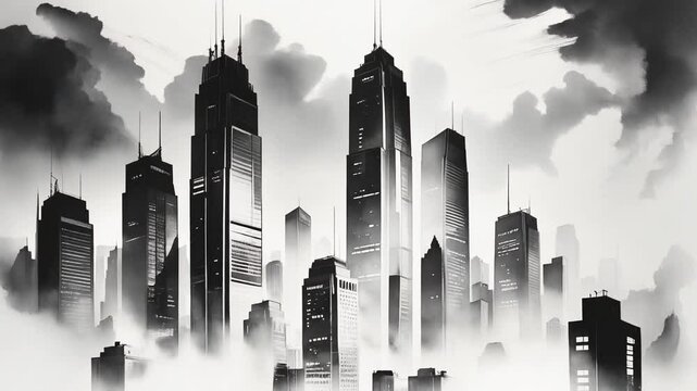 Black and white panorama city with skyscrapers.	