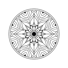 Circular mandala design with floral motifs and geometric patterns in black and white outline