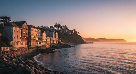 Naklejka premium Coastal Buildings at Sunset