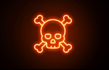 Neon warning sign. Neon glow features skull and crossbones, isolated on transparent background, conveying sense of danger and caution. Neon fire color skull and crossbones. Neon color danger icon.
