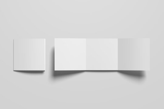 Vector white blank square three panel accordion fold opened on white background.