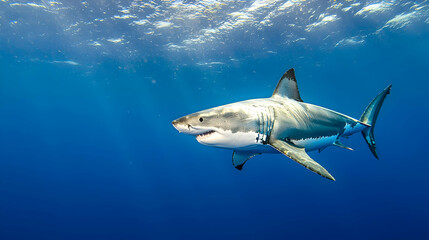 Fototapeta premium Great White Shark Underwater Sunlight