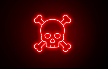 Neon warning sign. Neon glow features skull and crossbones, isolated on transparent background, conveying sense of danger and caution. Neon Red color skull and crossbones. Neon color danger icon.