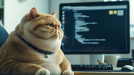Large Orange Cat Sitting At Home Office Desk With Computer