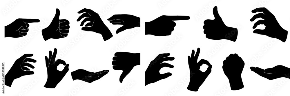 Poster various hand gestures symbolizing approval, disapproval, and different expressions in a minimalist d