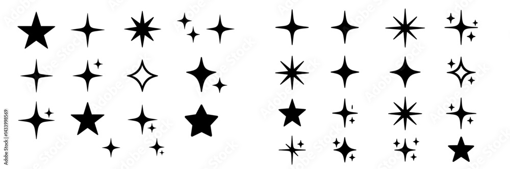 Aufkleber various star designs in black showcasing different shapes and sizes on a light background for creati