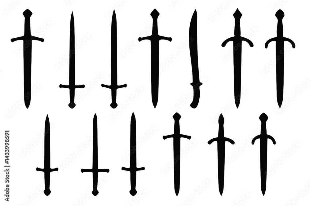 Poster various sword silhouettes arranged in different styles and shapes for design and illustration purpos