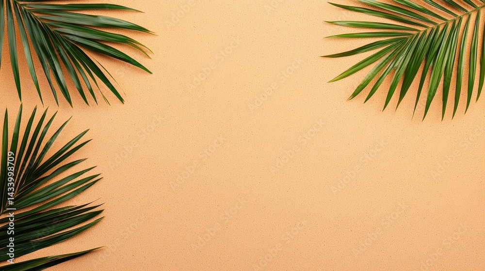 Poster tropical palm leaves creating relaxing summer vibe on sandy background