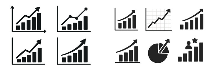 Various symbols representing growth and improvement in business indicators and data visualization methods