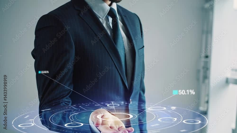 Poster businessman in a suit interacting with holographic financial charts and data, demonstrating technolo