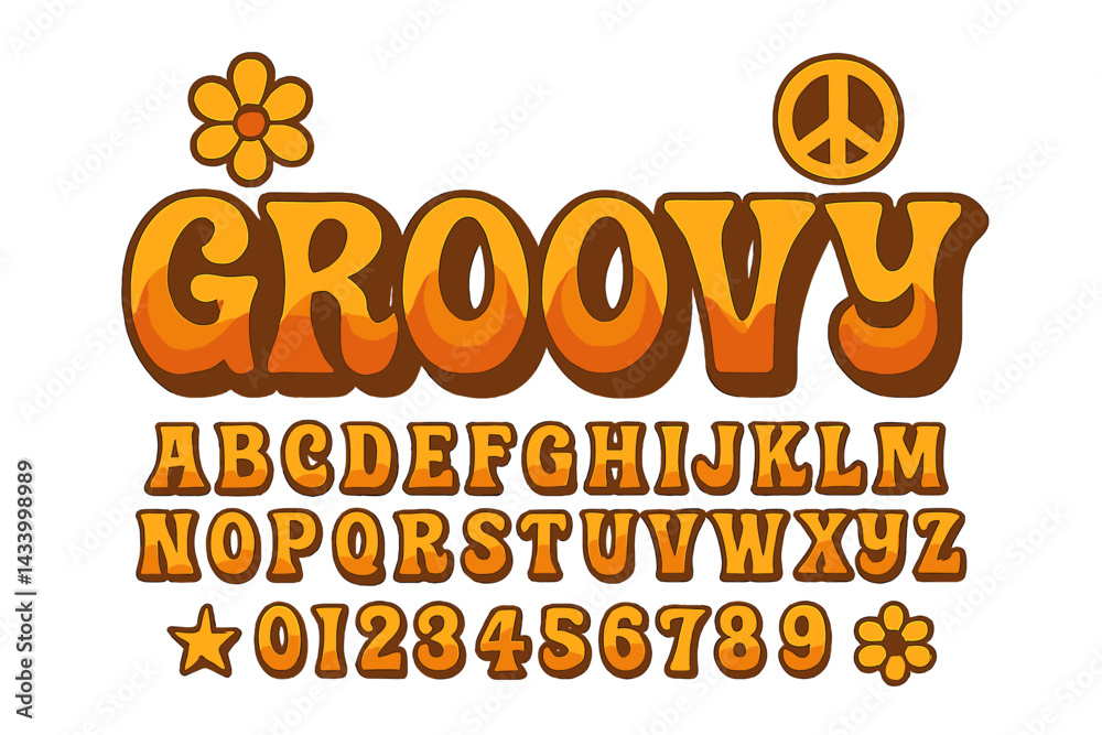 Poster groovy typography design showcasing vibrant retro-style letters and numbers with floral and peace sy