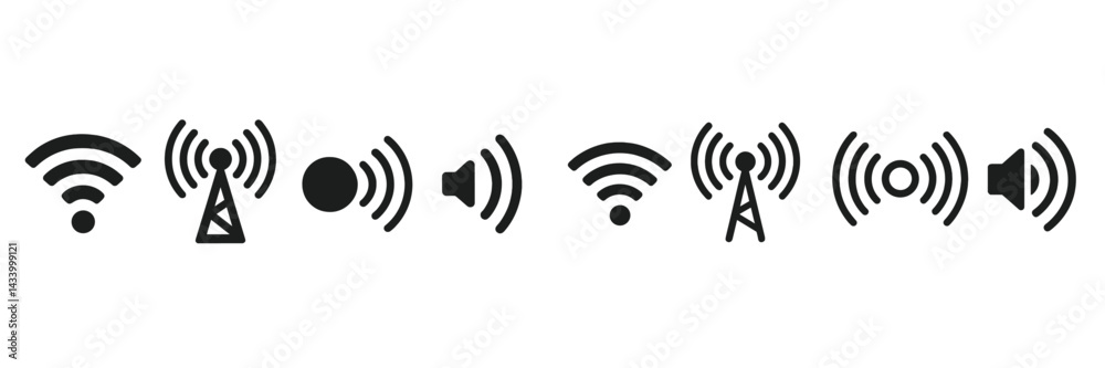 Aufkleber communication symbols representing wireless networks, signals, and sound indicators in a modern digi