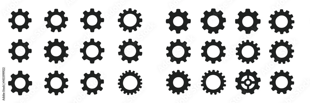 Poster Various shapes of black gears arranged in a grid pattern on a white background showcasing industrial design and engineering concepts