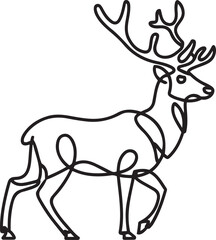 Minimalist continuous line art of a reindeer with antlers drawn in a black linear style on white background suitable for winter wildlife vector design concepts