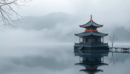 Obraz premium Serene Asian Pagoda on Misty Lake Tranquil Landscape Photography