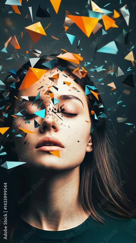 Poster geometric shapes are exploding from a woman's head while she meditates with her eyes closed, suggest
