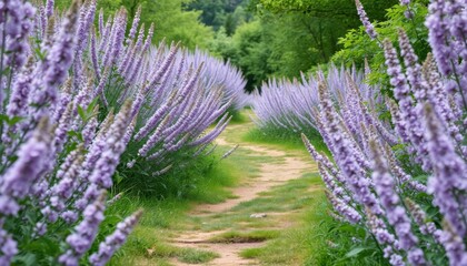Obraz premium Serene Garden Path Lined with Blooming Purple Liriope Plants A Peaceful Nature Scene
