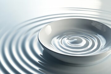 Empty, white dish resting gently on rippling water surface.
