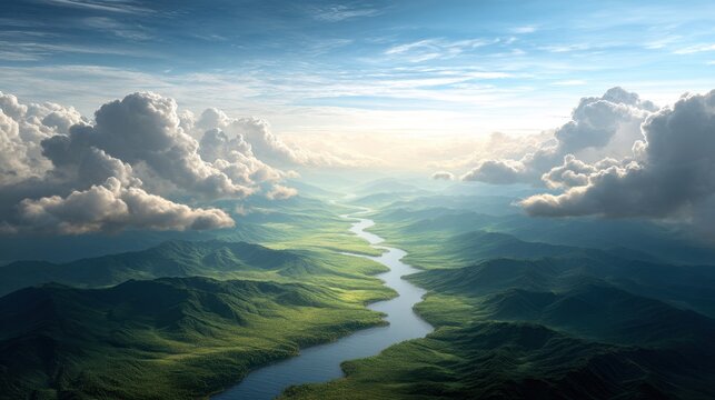 River branching through multiple valleys with overhead clouds and sunlight, dynamic layout
