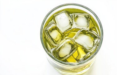 Pale Yellow Liquid with Ice Cubes in Clear Glass on White Background