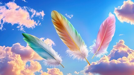 Naklejka premium Graceful scene of feathers drifting against vibrant sky and cottony clouds
