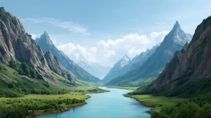 Bright river flowing through glacier valley surrounded by cliffs, clean energy or nature power idea