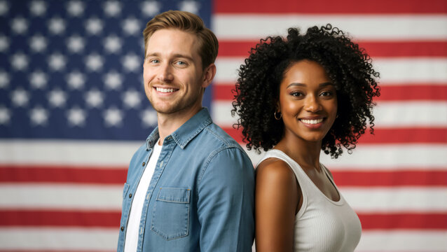 Happy diverse interracial couple smiling before American flag background. White Caucasian blonde man and Black African American woman against USA flag backdrop. Flag Day. 4th July. Independence Day. - Powered by Adobe