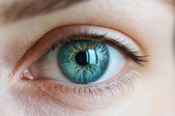 Fototapeta premium Ultra close-up of captivating blue-green eye showcasing intricate reflections