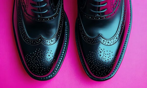 Polished black leather brogues on a hot pink background.