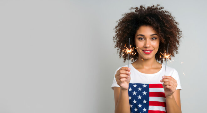 Happy Hispanic woman with sparklers in American flag shirt celebrating 4th of July. Fourth of July. Independence Day banner with copy space. Flag day. 14 June.