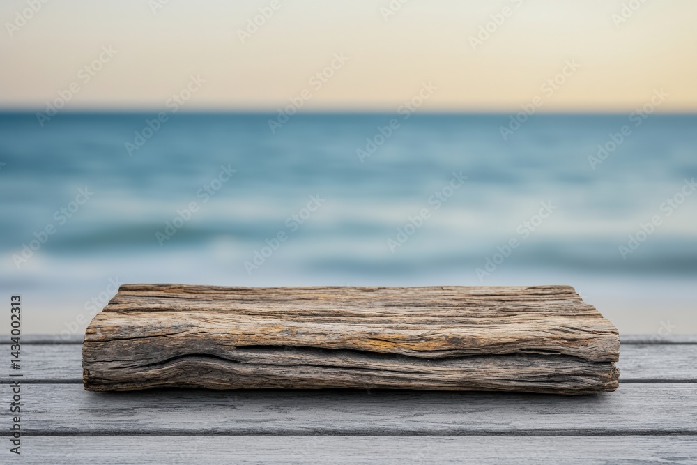 Poster weathered driftwood table displaying coastal or marine products with blurred ocean waves