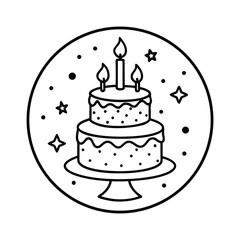 Simple Black Line Birthday Cake Icon with Candles