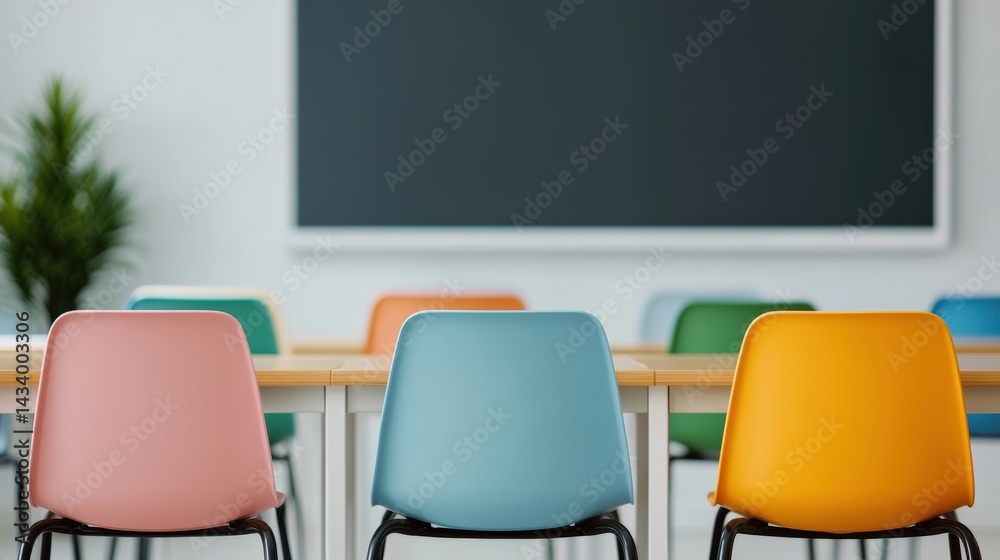 Poster Colorful chairs and tables in an empty modern classroom facing a blank chalkboard