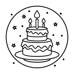 Simple Black Line Birthday Cake Icon with Candles