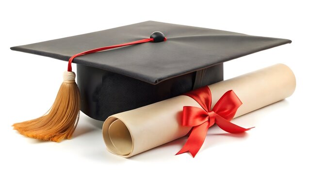 Graduation Cap and Diploma isolated on a white​ ​background