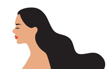 Vector simple illustration of a woman's profile with red lipstick and big flowing black hair isolated on white background